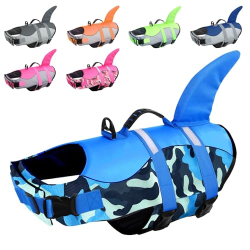 CITÉTOILE Colete de resgate de tubarão para cão pequeno e grande, ajustável, com alça, colete flutuante para animais de estimação, colete salva-vidas para animais para desportos aquáticos, camuflagem
