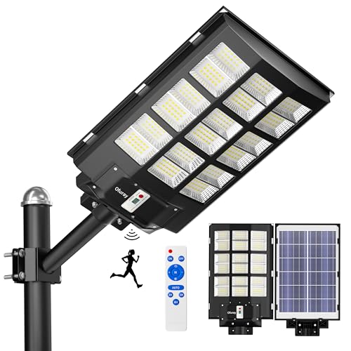 Ofuray Of-3600 W Lâmpadas solares exteriores, luz solar potente com sensor de movimento, 6500 K luz LED solar com controlo remoto, IP67 candeeiro de segurança impermeável para jardim, pátio, garagens