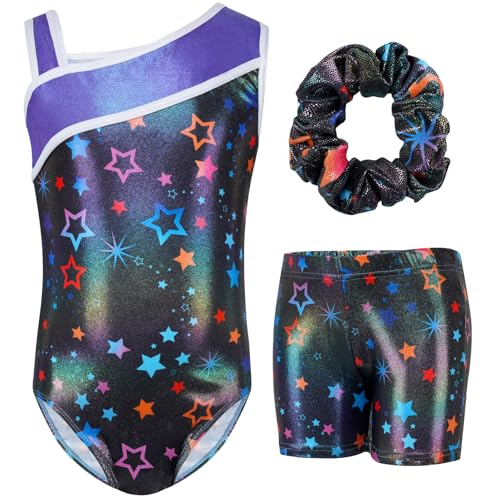 Gogokids Conjunto de ginástica de três peças para menina, decote em Y, sem mangas, com calções e bandana, fato de ginástica com design de blocos de cor azul e roxo, 3-12 anos, preto,, Preto