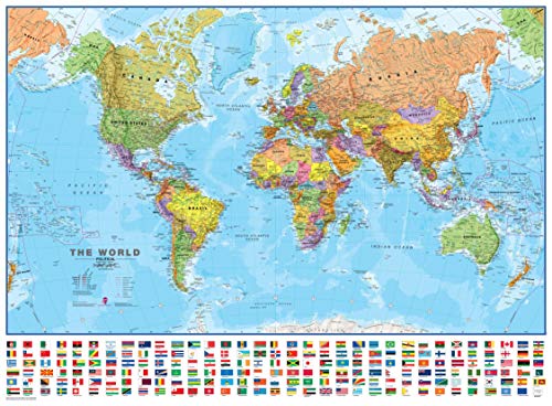 Mapa político de parede grande do mundo, com bandeiras laminadas, 118,9 cm de largura x 84,1 cm de altura. Mapas internacionais