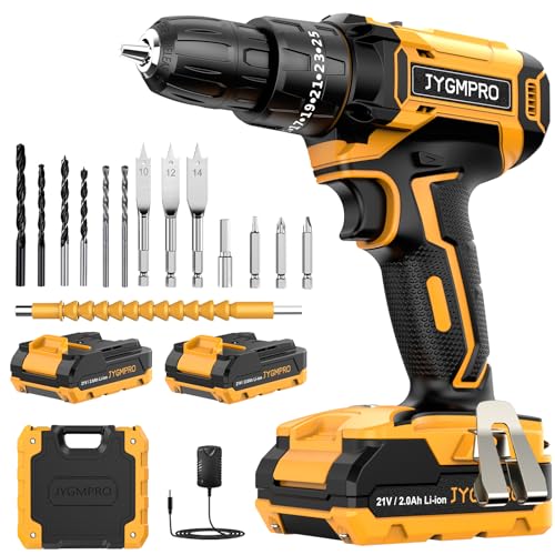 JYGMPRO Broca Percutor a bateria 21 V, broca parafuso bateria com 2 x 2,0 Ah baterias, parafuso elétrico 42 Nm, ajuste de par de 25 + 3, 14 acessórios, 2 velocidades, luz LED para casa, bricolage