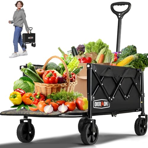 OVERMONT Carrinho dobrável dobrável 220 kg estendido resistente dobrável utilitário com rodas, 100 l leve carrinho de jardim para compras, compras, compras, desportos, jardim, preto