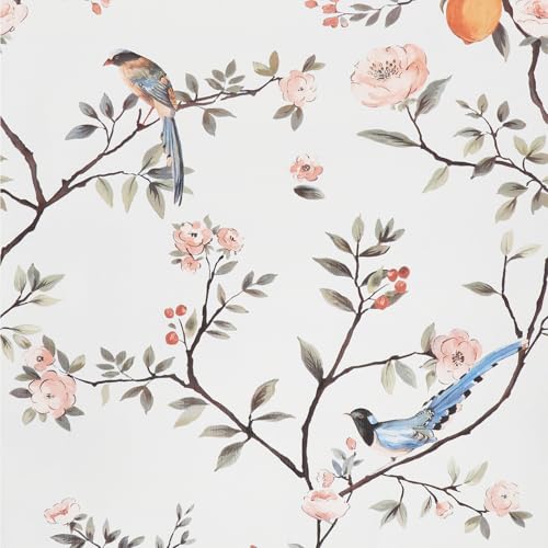 Papel de parede autocolante floral verde e rosa, 44 x 1000 cm papel de parede árvores e pássaros papel de parede ramos papel de parede claro para móveis, paredes de casa de banho, sala de estar,