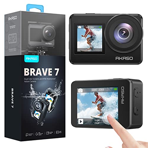 AKASO Brave 7 câmara desportiva 4K Wi-Fi 20 MP, câmara de ação EIS 2,0, IPX8 câmara aquática submergível com controlo remoto, suporte de controlo de voz, 2 x 1350 mAh baterias, ecrã duplo, câmara de