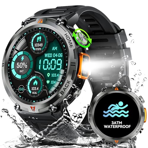 Relógio inteligente homem com lanterna LED, 1,45'' 3ATM impermeável Smartwatch militar homem com chamadas Bluetooth alertas Whatsapp, desportos fitness Tracker com SpO2 pulso para iOS Android