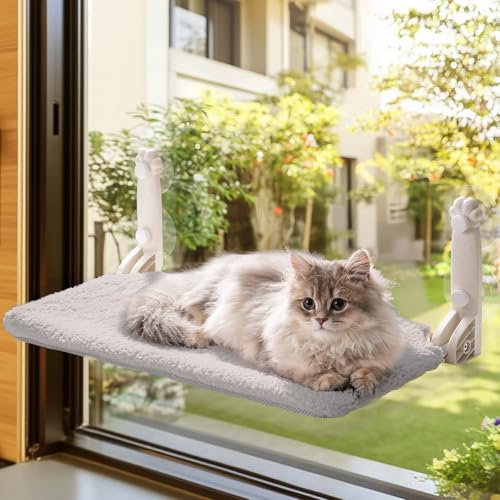MEWOOFUN Rede dobrável para janela para gatos, cama dobrável para janela com tapete reversível, rede estável para gatos, que suporta até 18 kg (cinzento, S)