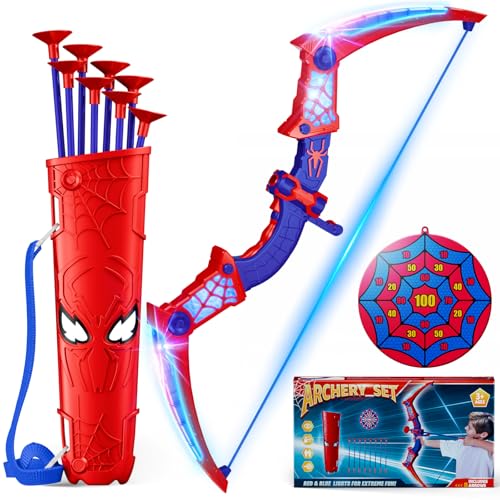 Brinquedos crianças 3 4 5 6 7 8 9 10 anos arcoflecha Spider com luzes LED vermelhas e azuis, capa Spider e alvo teia aranha presente criança 3-12 anos jogos exterior crianças presentes brinquedos para