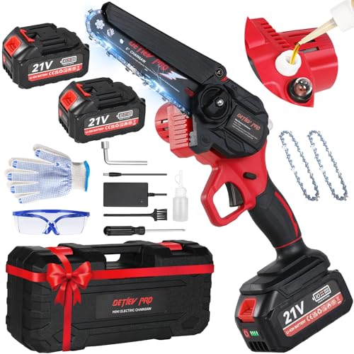 DETLEV PRO Motosserra bateria elétrica de 6 polegadas com 2 baterias de 4000 mAh 2 correntes serra elétrica podar árvores de jardinagem e madeira - vermelho