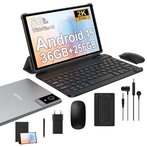 WISDTECHO Tablet de 10,4 polegadas com teclado, Android 15 tablet com 36 GB RAM+256 GB ROM (TF 2TB), 5G WiFi, IPS 2K HD, 8000 mAh, Octa-Core, 13 MP+8 MP, Bluetooth 5.0, Tablets com função da e rato