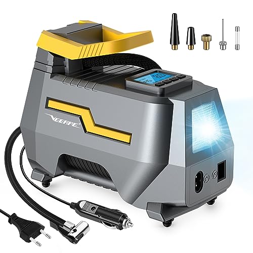 VEEAPE Compressor de ar portátil 230 V 12 V, AC DC de alimentação dupla, máximo 150 PSI 10,3 bar, insuflador de rodas para carro, bomba elétrica digital com ecrã LCD para moto, bicicleta, bola e carro