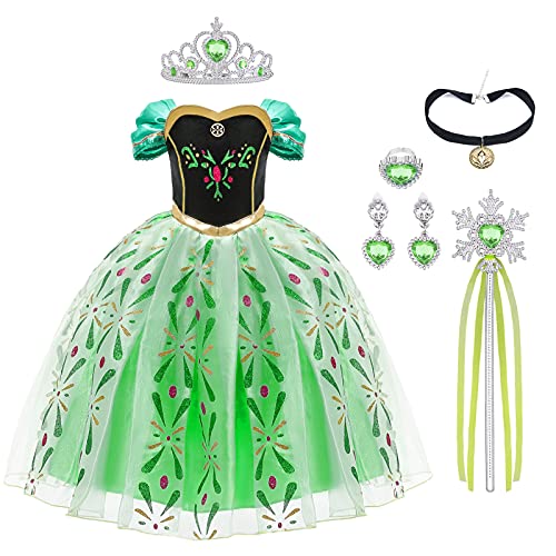 URAQT Menina princesa coroa vestido, disfarce com varinha coroa acessórios, vestido de cosplay de aniversário, festa cosplay carnaval cosplay halloween fato, tamanho 2-8 anos, verde