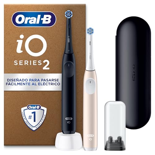 Oral-B iO 2 Pack de 2 escovas de dentes elétricas preto noite e rosa suave, 2 cabeças, 1 estojo de viagem, 1 suporte de substituição, 3 modos de escovagem, sensor de pressão e temporizador