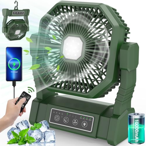 BIBURY Camping ventilador com luz LED, recarregável para tenda de campismo ao ar livre com gancho e remoto, ventilador de secretária USB potente de 4 velocidades para pesca, piquenique (verde)
