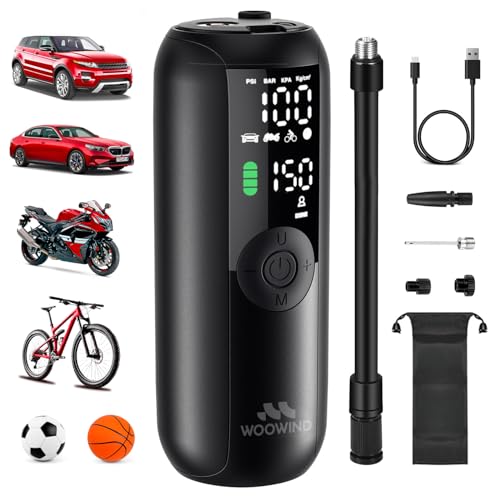 Woowind LP1 Compressor de ar portátil 150 PSI - Inflador de rodas de carro recarregável USB-C, insuflador elétrico para moto/bicicleta/balas, bomba bicicleta com ecrã LCD, insuflador elétrico com luz