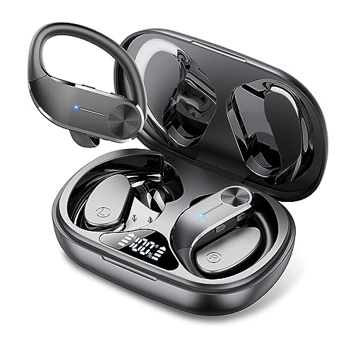 Auriculares sem fios desportivos, 2025 novos auriculares Bluetooth 5.3 com HD Mic HiFi estéreo, 68H reprodução com cancelamento de ruído ENC, ecrã LED, IPX8 impermeável capacetes para corrida