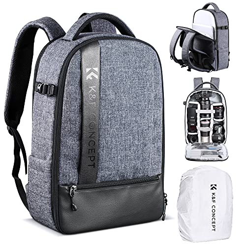 K&F Concept - Mochila fotográfica, mochila de fotografia para câmara Reflex impermeável IPX5, mochila para portátil de 15" e Drone, mochila para câmaras + lentes+laptop, cinza, V5-27 x 15 x 43cm