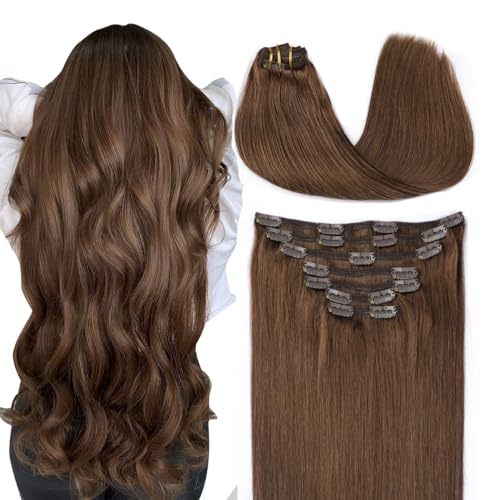SURNEL Clipe de cabelo natural Extensões de cabelo, 160 g, 50 cm, 7 peças, castanho chocolate, extensões de clipe de humano real, extensões de cabelo Remy natural (7 C#4-50 cm)