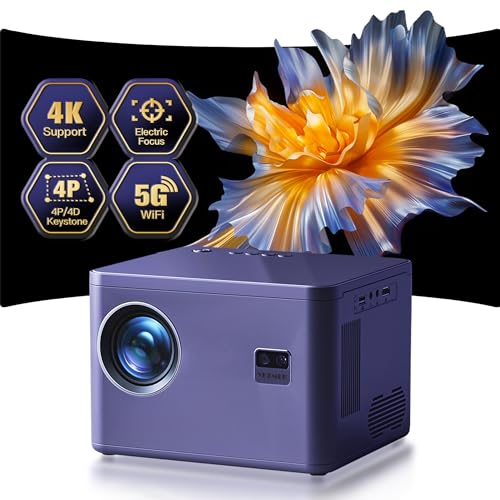 Projetor 4K [Foco elétrico & Keystone 6D/4P & Zoom] suporte, 5G WiFi Bi-Canal Bluetooth 20000L Nativo 1080P projetor, mini projetor LED compatível com TV Stick Smartphone Tablet HDMI USB AV