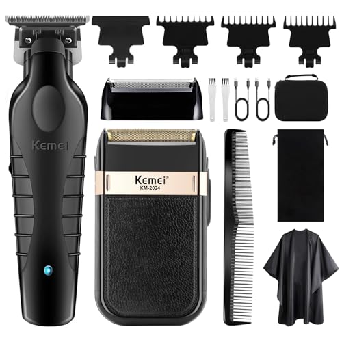 KEMEI Conjunto de máquinas de cortar cabelo profissionais e máquinas de barbear de alumínio, elétricas e sem fios para homens, com lâmina