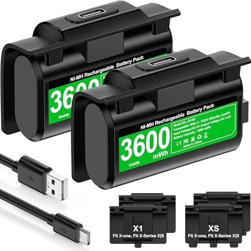 HELLCOOL Play e kit de carregamento USB bateria para comando Xbox One/Xbox Series, 2 x 3600 mWh bateria compatível com o comando Xbox One S/X/Elite, Xbox Series X/S, jogo de 12 horas