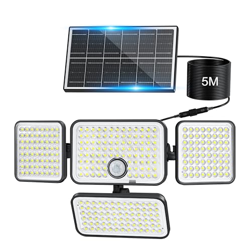 Realky Luz solar exterior com sensor de movimento, holofotes LED exteriores solares com 301 LED 3000 mAh IP65, impermeáveis para jardim, garagens caminhos alpendre, cabo de 5 m