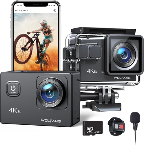 WOLFANG Câmara desportiva 4K 30FPS GA100 com 32 GB MicroSD 20 MP câmara subaquática impermeável 40 m, câmara de vídeo Wi-Fi com microfone duplo, 170 ° grande angular, EIS, vários acessórios para