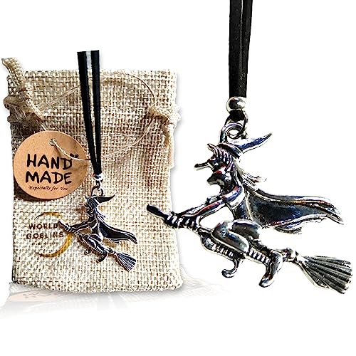 Collar Nudo de Bruja Amuleto Plata | Antelina Negra 50cm Adaptable para Hombre y Mujer | Amuleto | Protección contra Hechizos + Bolsa de Yute Hecha a Mano Regalo (Bruja Relieve)