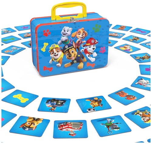 Spin Master Games - Jogos de mesa padrão canino MEMORY, conjunto de memória MEMO de 72 cartas, com mala de transporte metálico, 2-6 jogadores, jogos de mesa crianças 3 anos +