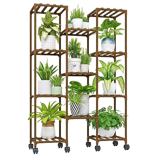 Bamworld Suporte para plantas sobre rodas estante para plantas de exterior e interior prateleira para pendurar várias plantas de jardinagem alta de madeira para sala de estar, pátio, varanda, jardim,