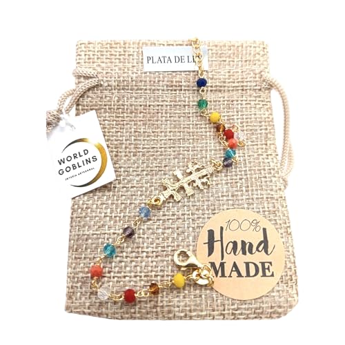 World Goblins- Pulsera Cruz de Caravaca Plata de Ley Chapada en Oro 18K +Piedras Chakras de Colores – Hecha a Mano en Córdoba. Joyas Artesanales. Joyería, Regalos Originales (18k Caravaca de la Cruz)