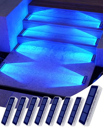 DetarZinLED Luzes solares LED para exterior e jardim, 8 unidades luzes solares azuis para exterior, escada, IP68 impermeável luz exterior solar para escadas, jardim, pátios, terraço, cerca, deeck