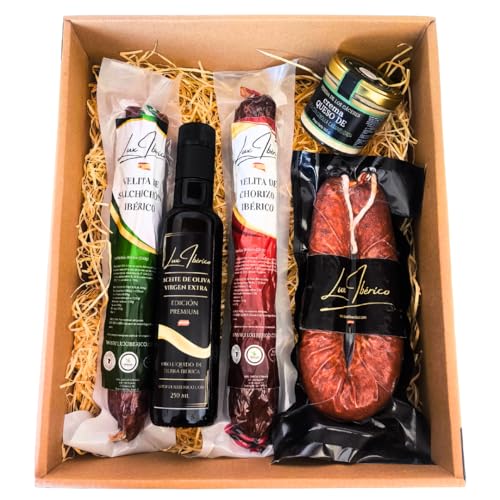 LUX IBÉRICO - Cesto Gourmet para oferecer "Dalciva" – Caixa de produtos ibéricos, lote com azeite, creme de queijo, salchichão, horizo e morcela - pacote de presente de comida