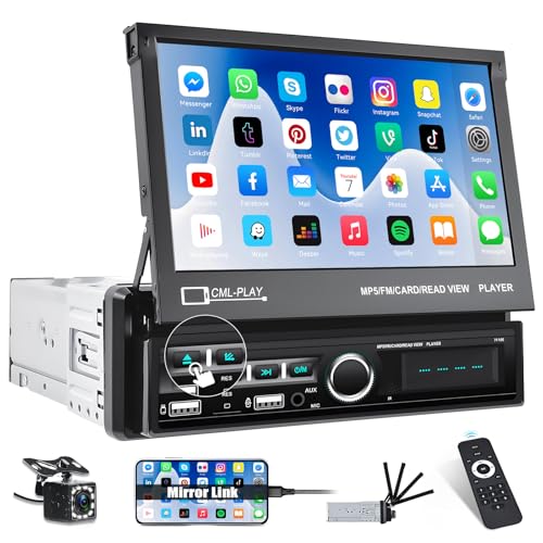 CAMECHO 1 DIN autorrádio Bluetooth rádio de carro com 7 polegadas tátil dobrável automático extensível motorizado tátil com USB/SD/AUX-IN/Mirror Link + câmara traseira
