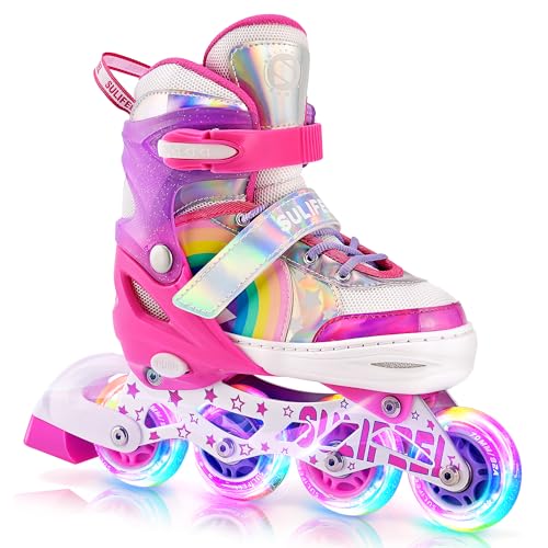 SULIFEEL Rainbow Unicorn Patins em linha para meninas meninos 4 tamanho ajustável rodas iluminadas patins para meninos iniciantes