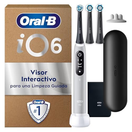 Oral-B iO 6 Escova de dentes elétrica cinzenta com cabo recarregável, 3 cabeças e 1 estojo de viagem, 5 modos de escovar com branqueamento dental, sensor de pressão, desenhado por Braun