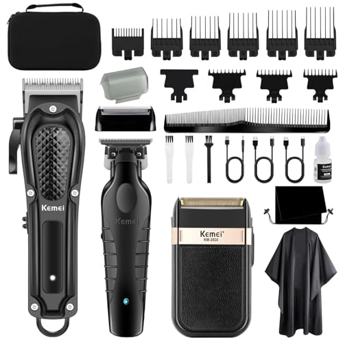 KEMEI Corta-pelos profissional para homens, sem fios completo de cabeleireiro com lâmina em T, kit completo de corte de cabelo elétrico com 9 guias, recarregável por USB