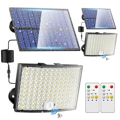 Luzes solares LED para exterior e jardim, 2 embalagens: 268 LED/5 modos/7 m: luz solar exterior e jardim com sensor de movimento, 2200 mAh holofotes LED exteriores solares, luz solar remota, IP65 luz