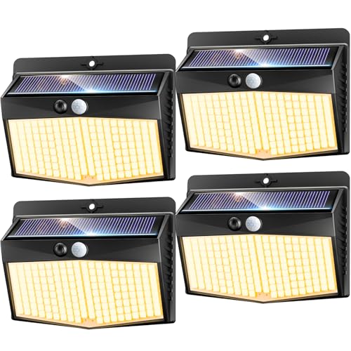 nipify Luzes solares exteriores, 4 pacotes de luzes solares sensor de movimento, 3 modos holofote solar exteriores, IP65 luz LED solar exterior para jardim, garagem, rua, pátio, caminhos