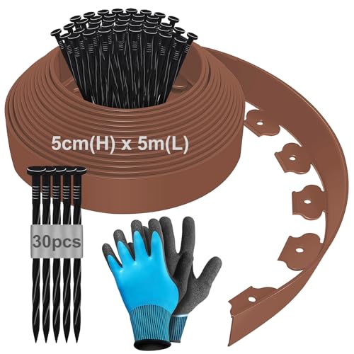 Cercas de borda de jardim exterior flexível de 5 m x 5 cm, borda de jardim exterior, com 30 unhas e luvas, borda de jardim de plástico, cerca de jardim, bordas de cerca de jardim, borda de corte