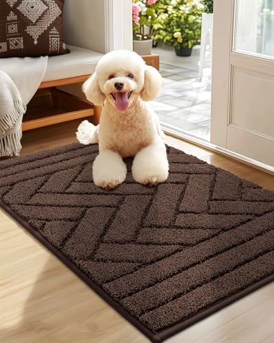 Biscpro Capuz interior 50 x 80 cm lavável antiderrapante absorvente de água tapete de entrada tapete para cães felpudo para cão entrada porta de casa corredor - café