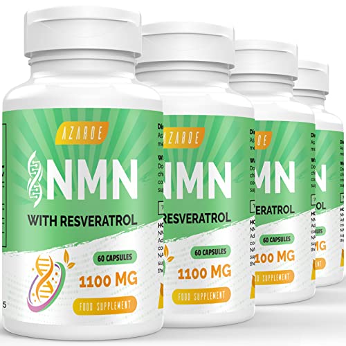 Máxima pureza Nad com Trans-Resveratrol 1100 mg e pimenta preta 50 mg para melhor absorção e aumento dos níveis de Nad (60 unidades (embalagem de 4))