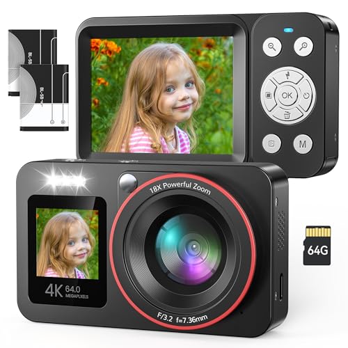 4K Câmara de fotos câmara digital 64MP FHD, câmara digital com cartão de 64 GB, câmara compacta Zoom 18X e 2 baterias, recarregável compacta portátil câmara para crianças principiantes, preto