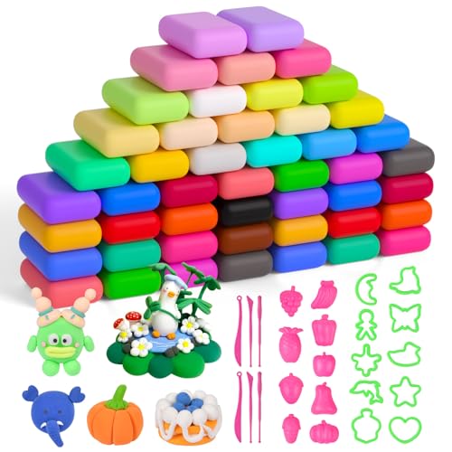 AUAUY Argila polimérica seca ao ar, 48 cores argila polimérica com 6 ferramentas para esculpir e 19 modes, Foamy Moldeable Air Dry Clay, presente de plástico para crianças e meninas de 3 a 12 anos