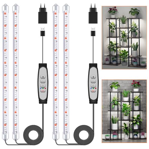 2 pacotes de 2 barras de luz para cultivo de plantas, candeeiro de luz solar de espectro completo com temporizador 6/12/18H, 5 níveis reguláveis para suculentas, prateleira para plantas, sob armário