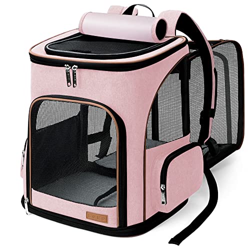 Lekesky Transportin gato mochilas para gatos e cães bolsa para animais de estimação expansível mochila gato para automóvel / avião (rosa, XL)
