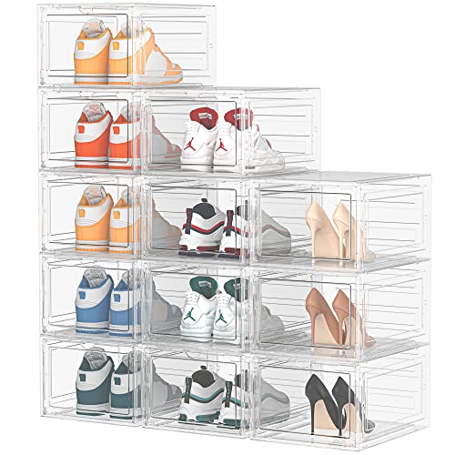 Caixas de sapatos, 12 peças organizador sapatos caixas de armazenamento de sapatos de plástico transparente empilháveis, recipientes organizadores de sapatos com tampas para mulheres / homens