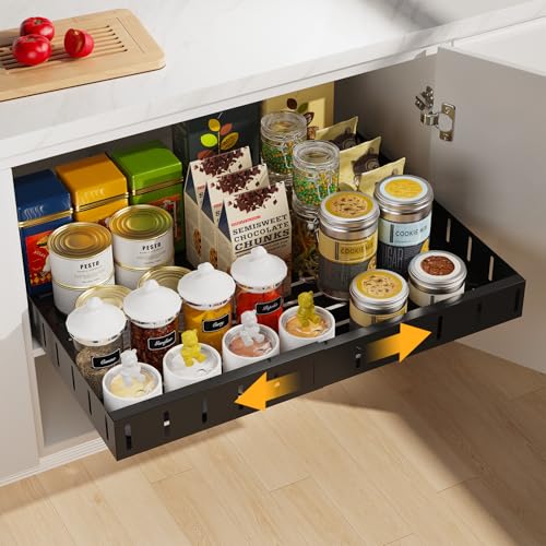 Otauoaea Gaveta telescópica, gavetas removíveis para cozinha, gaveta deslizante para arrumação, sem necessidade de perfurar ou lavar, 30 - 50 cm W, preto