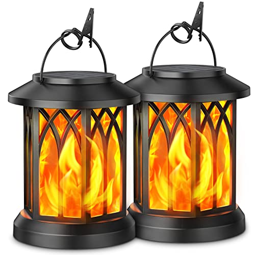 Luz solar exterior pingente de jardim, GEARLITE 2 peças luzes solares LED exterior com efeitos de chama realistas, IP65 impermeável lanternas solares exteriores com clipes para pátio varanda presentes