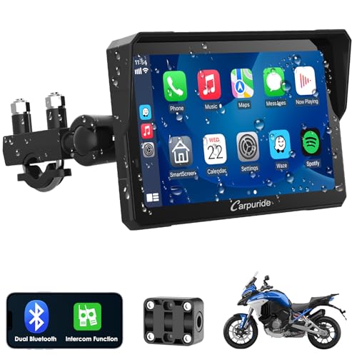 Carpuride W702 Pro Motocicleta ecrã Carplay com intercomunicador de função, sem fios CarPlay e Android Auto, portátil de 7 polegadas impermeável ecrã tátil, Bluetooth duplo, navegação, bússola.