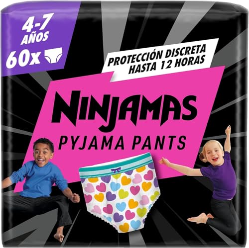 DODOT Ninjamas Fralda de pijama com corações, 60 fraldas de pijama, 4-7 anos, 17 kg-30 kg, proteção contra fugas a noite toda
